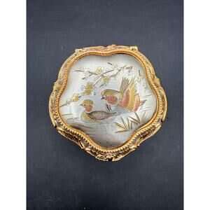 Vint Ornate Sankyo Gold/Silver Tone Music Box Floral/Birds Evergreen